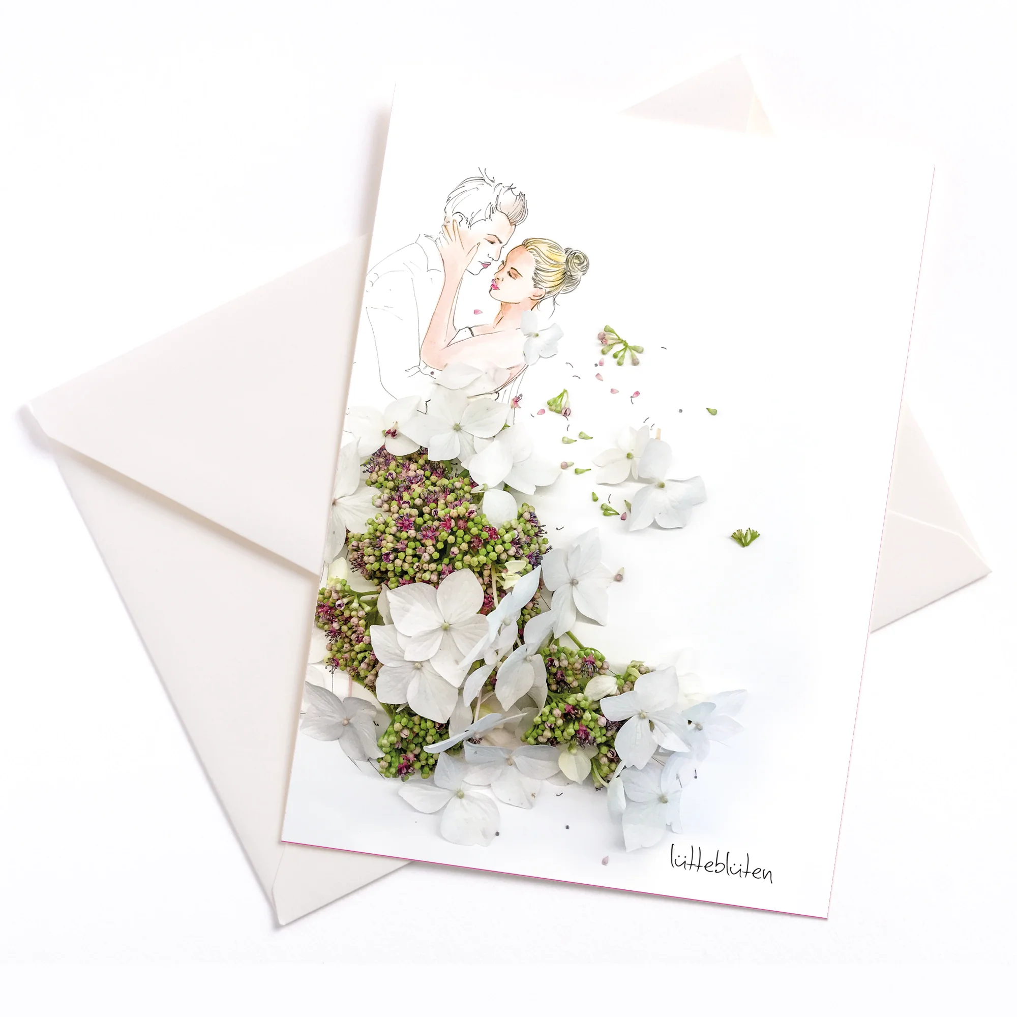Hochzeitskarte Lütteblüten Hochzeitskleid aus Hortensien