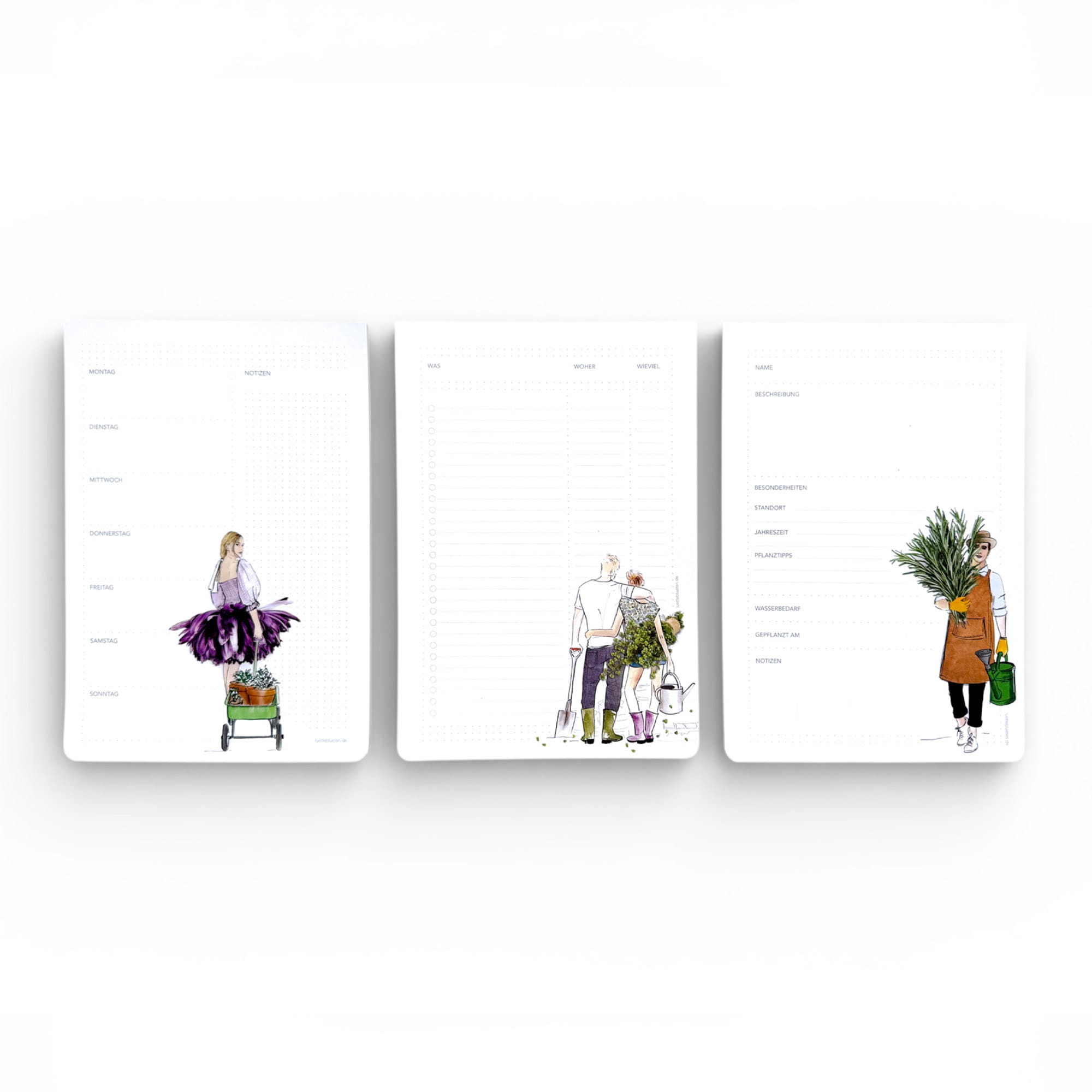 Drei Gartenplaner-Blöcke nebeneinander – Pflanzen-Steckbrief, Wunschliste und Wochenplaner von Luetteblüten