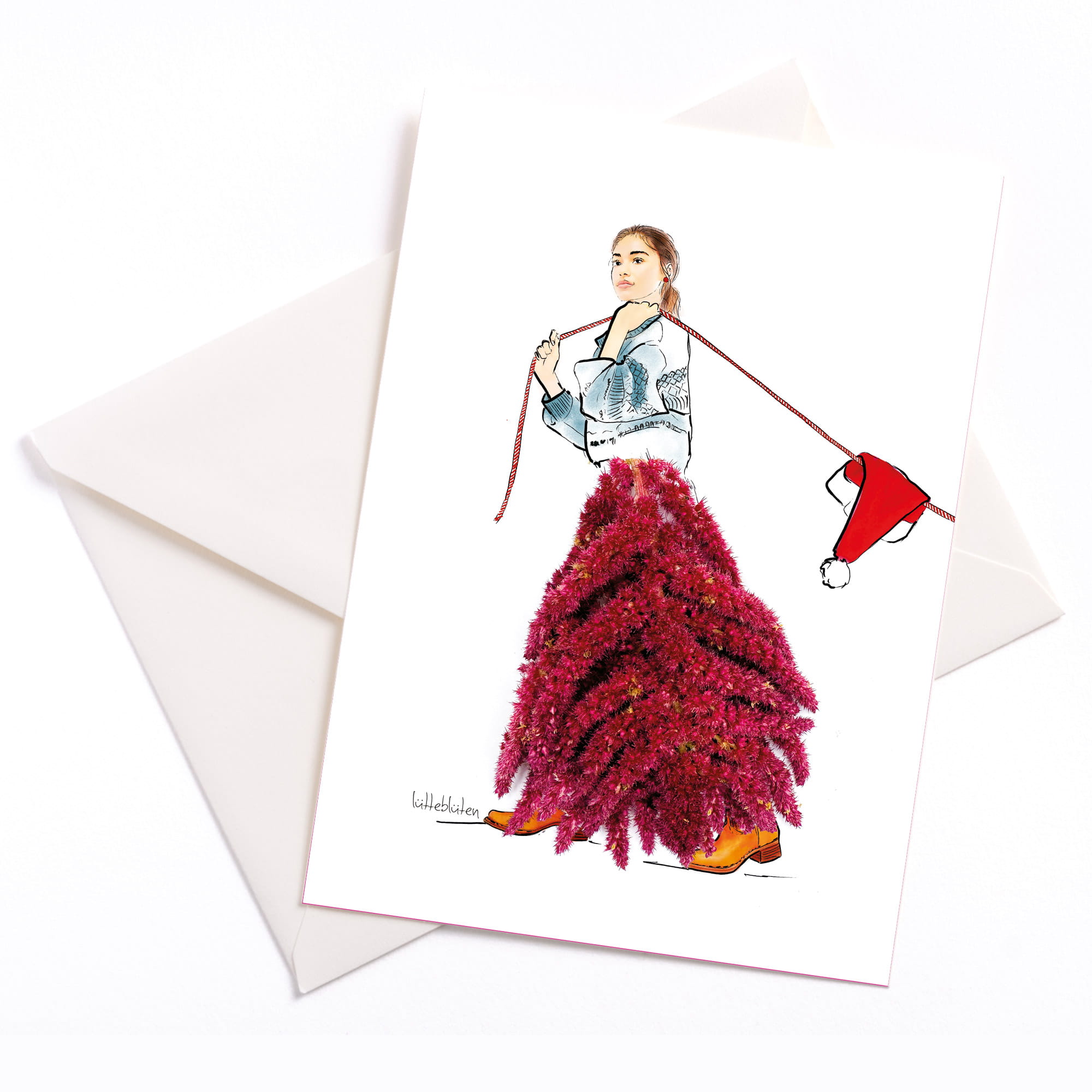 Weihnachtskarte mit handillustrierter Frau und Rock aus echten Amaranthblüten, fotografierte Collage von Lütteblüten, Format A6 mit Umschlag.