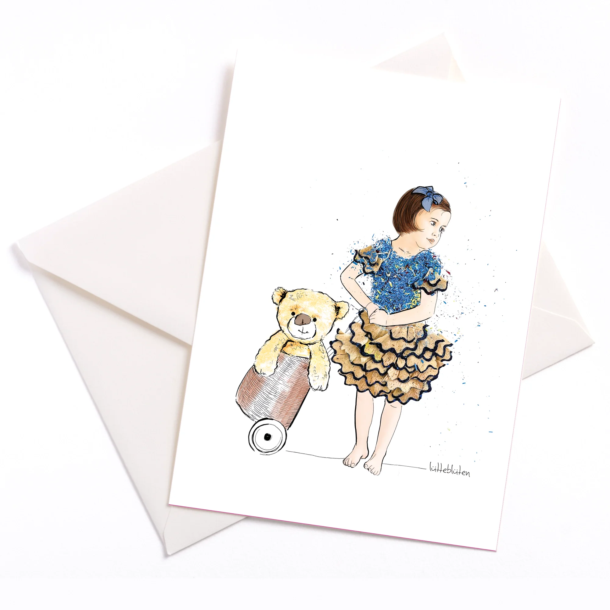 Lütteblüten Gabriele Ampt Kinderkarte Mädchen mit Korb und  umschlag