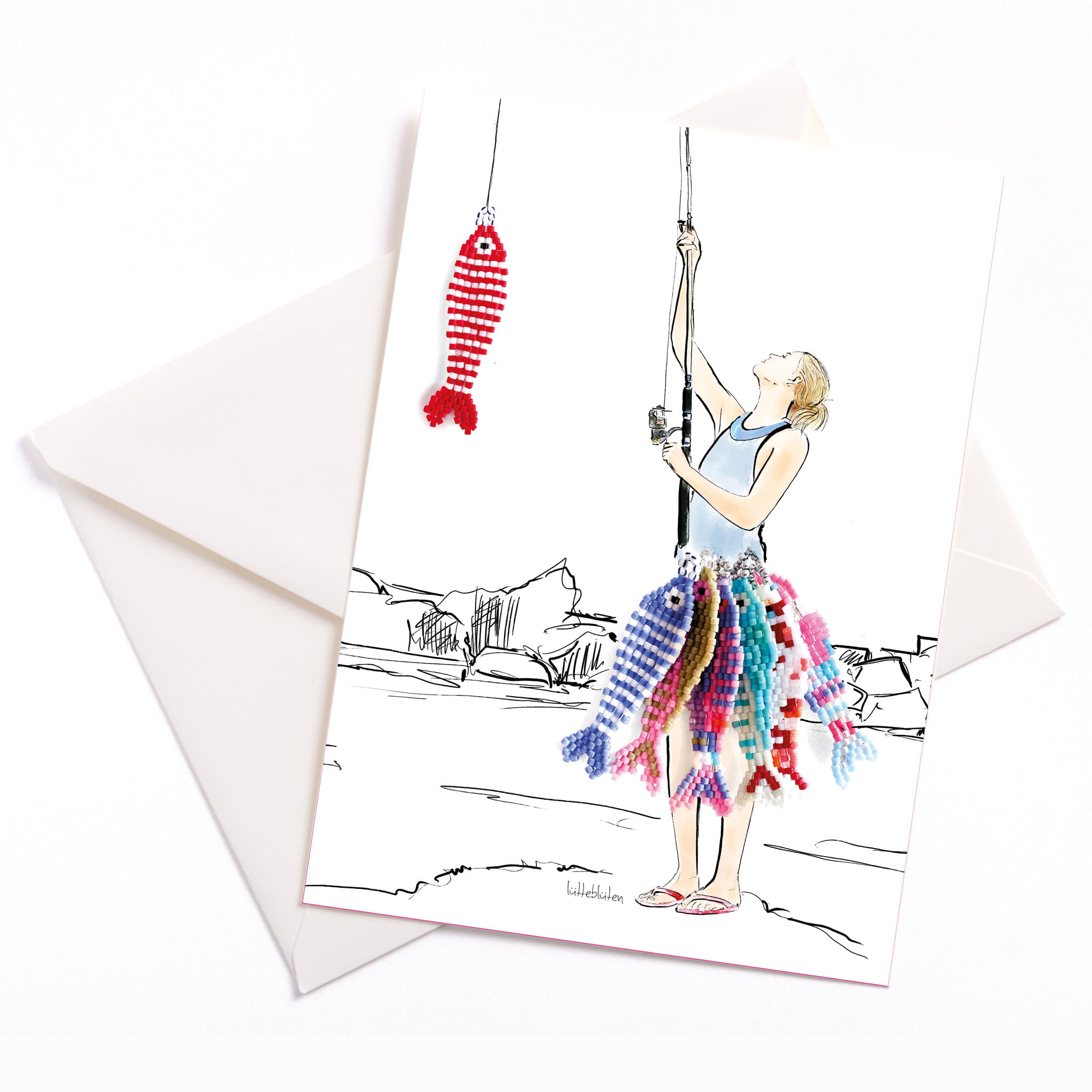 Perlenfische-Grußkarte mit Umschlag – Cover-Ansicht mit beiliegendem Briefumschlag