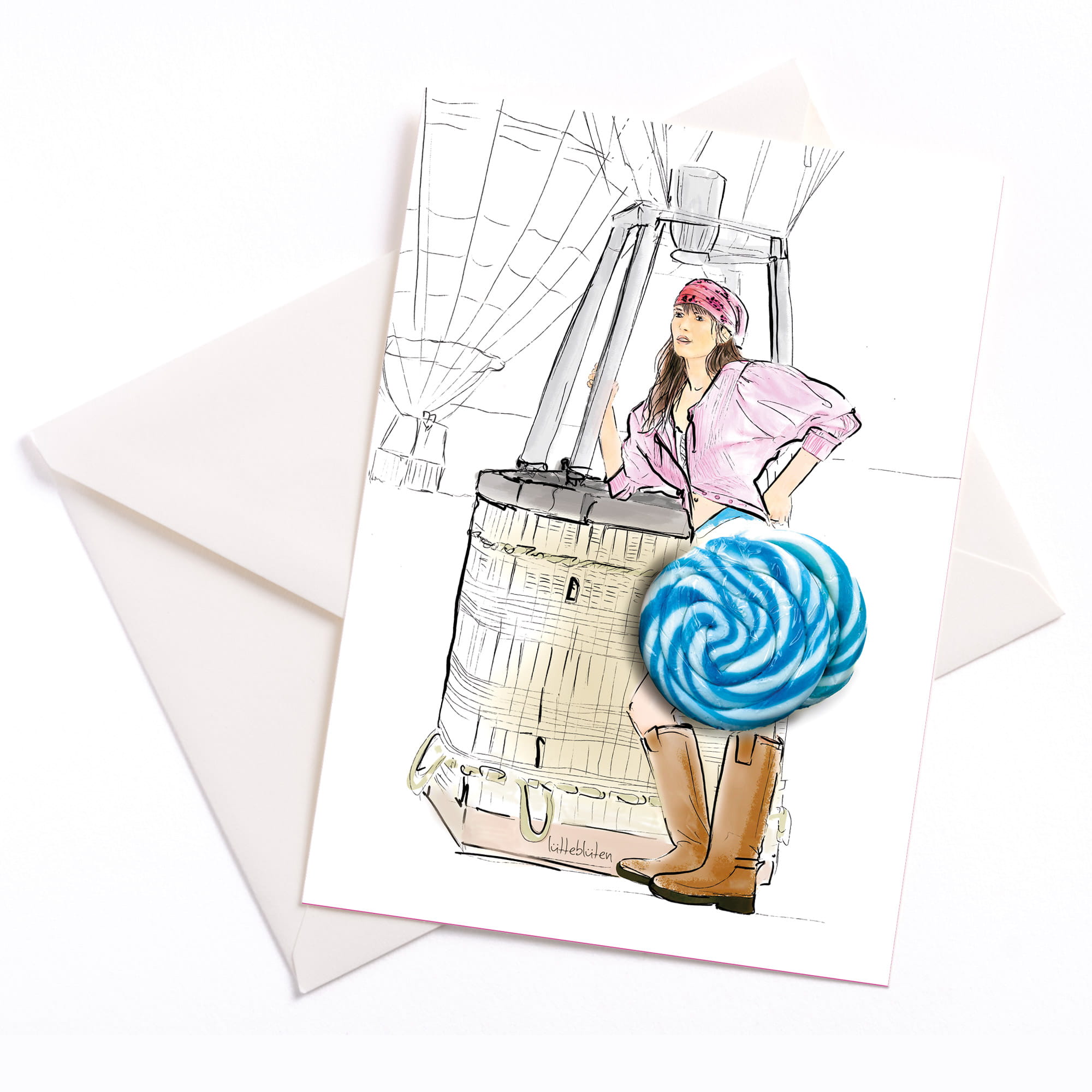 Illustration einer Frau im Heißluftballonkorb mit Bonbon-Collage als Rock, handgemachte Grußkarte von Lütteblüten, A6 mit Umschlag.