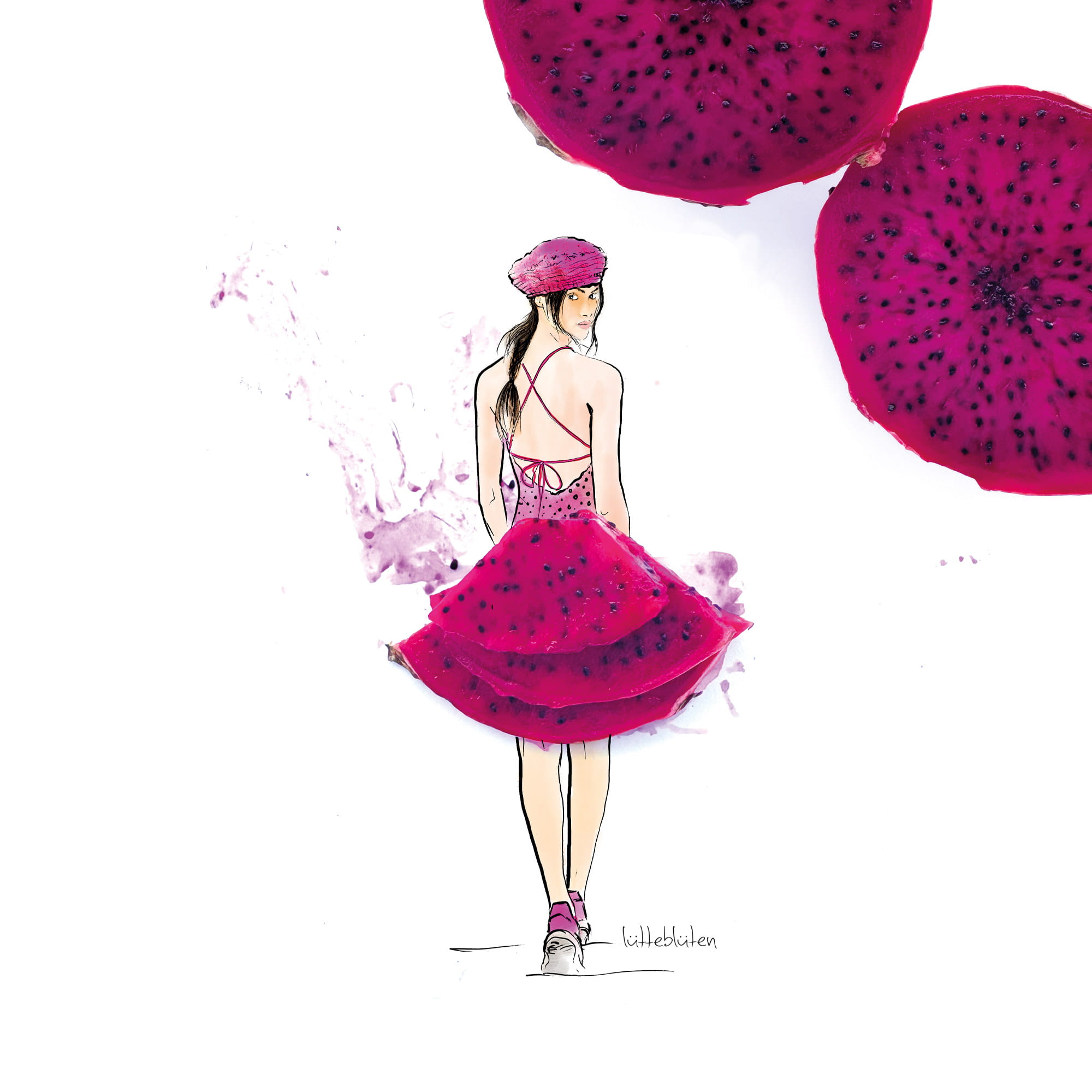 Dragon fruit greeting card: hand-drawn figure with skirt of real dragon fruit