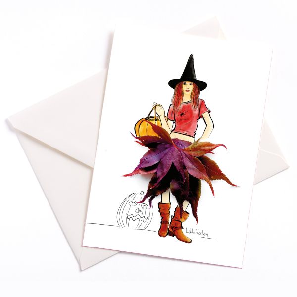 Halloweenkarte mit Hexe und echtem Laubrock