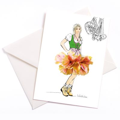 Illustration eines Mädchens im grünen Dirndl mit einem Rock aus echten Blüten; daneben hängen Lebkuchenherzen. Lütteblüten Blütenkunst.